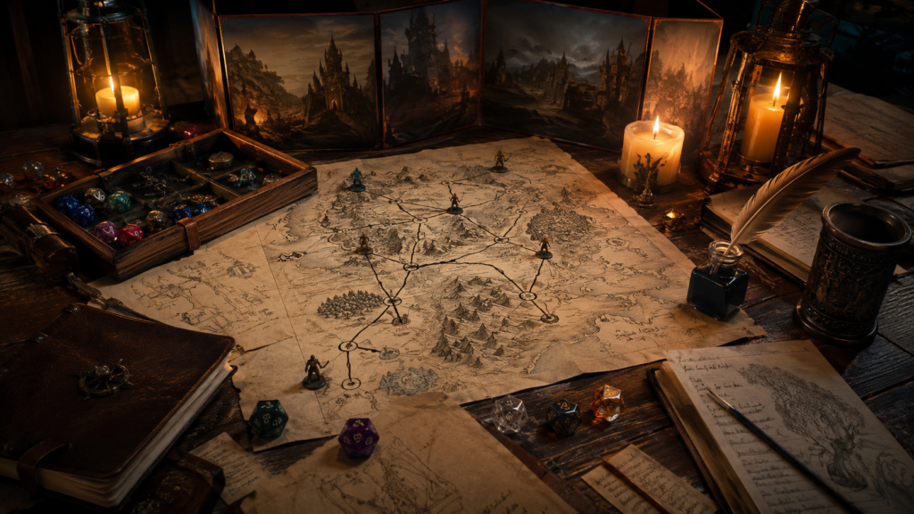 Tavolo da gioco fantasy con mappa, dadi e appunti da Dungeon Master