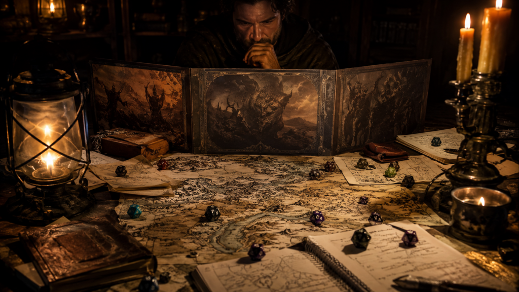 Mappa fantasy con dadi e appunti che rappresentano l’imprevisto in una sessione di gioco di ruolo