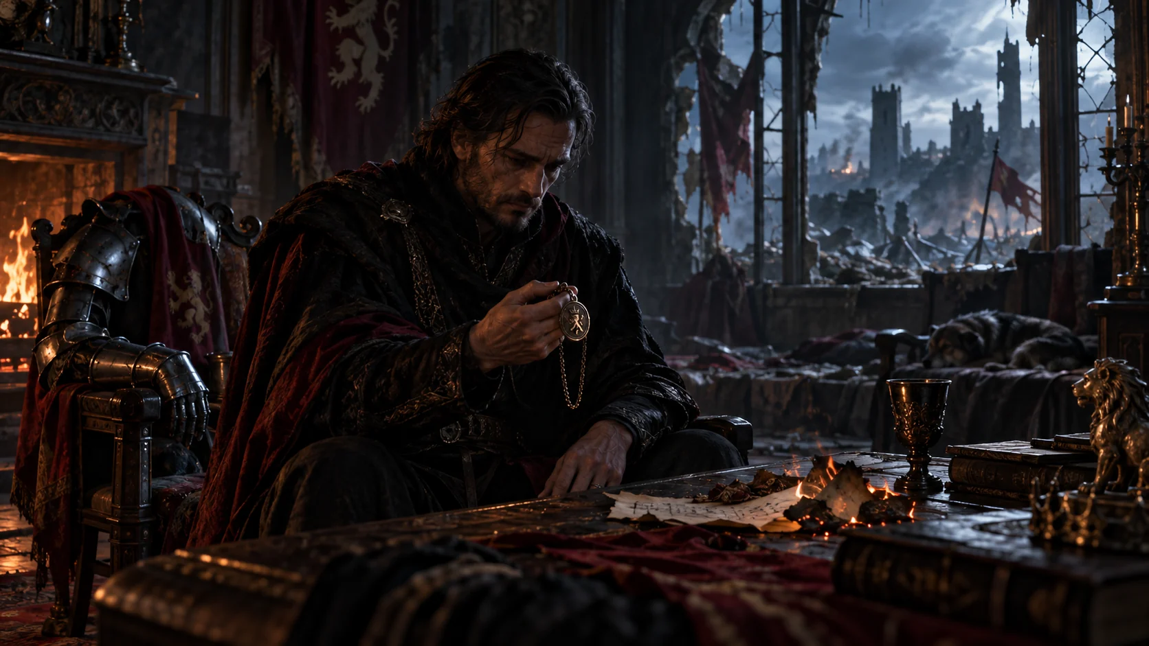Antagonista fantasy in un momento privato con un medaglione e una lettera bruciata