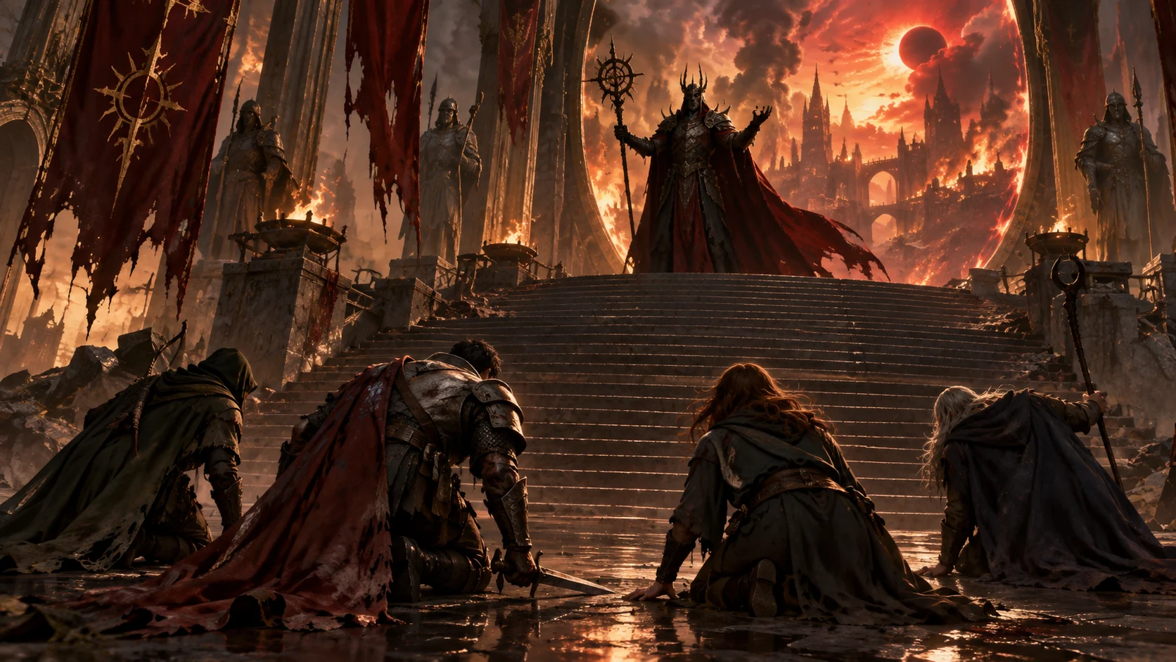 Villain fantasy vittorioso davanti a quattro avventurieri costretti alla ritirata